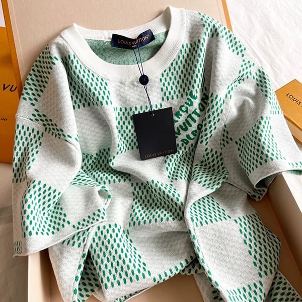 ★追跡付き発送で安心ルイヴィトン 半袖 トップス Tシャツ パロディ ダミエ ニット 緑白 1AFIX4